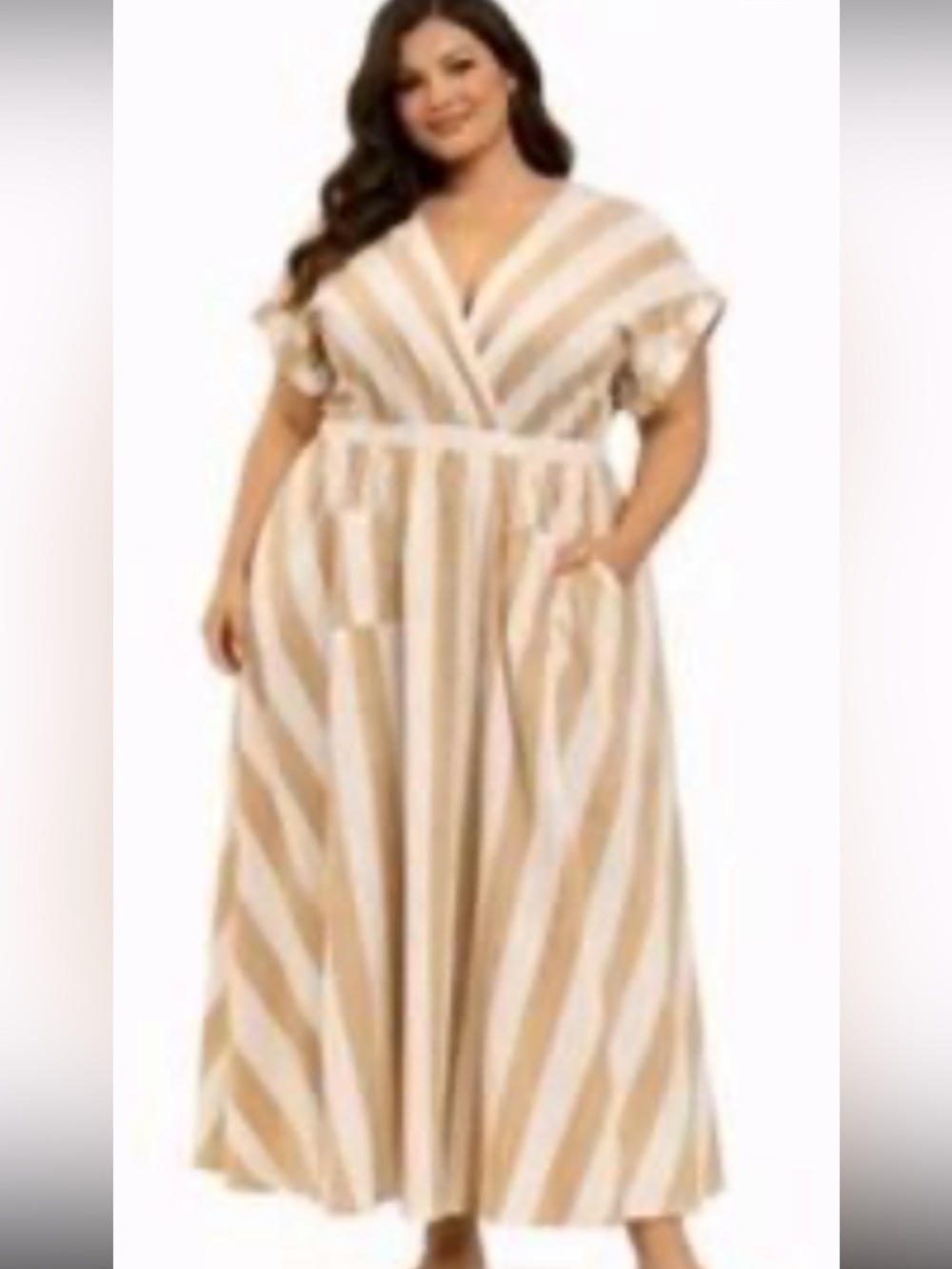 Linen Ashley Stewart maxi tan & white striped v-neck short sleeved dress size 16